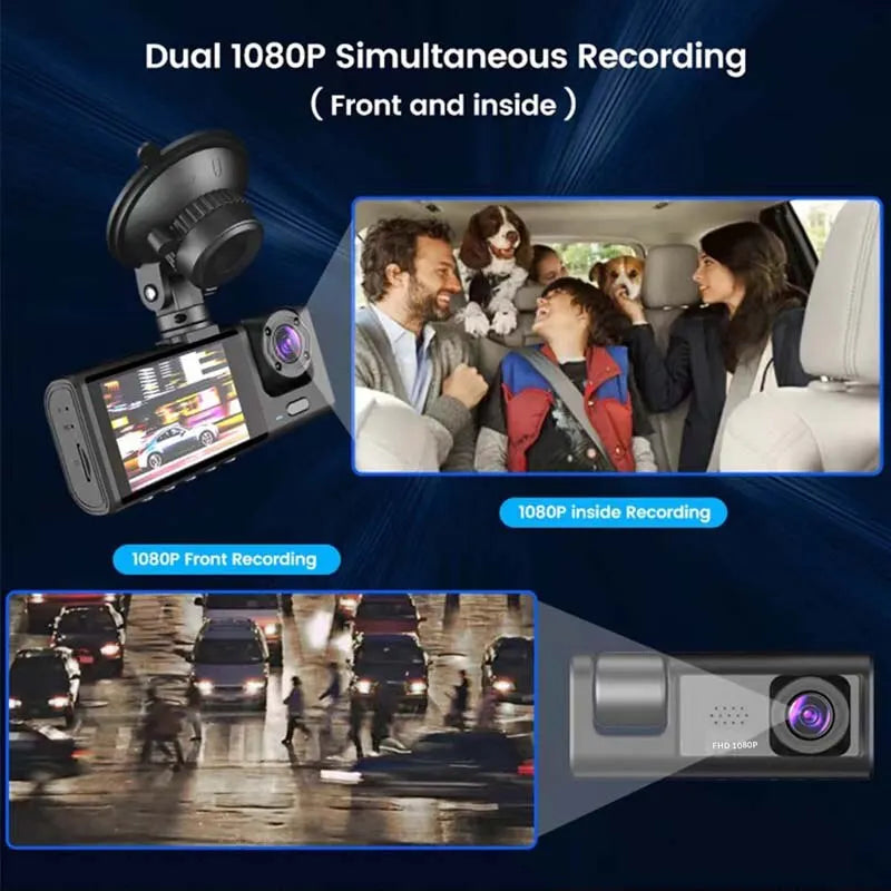 3-Camera Dash Cam with IR Night Vision, Loop Recording, and 2" IPS Screen - Full HD 1080P Triple Camera Setup