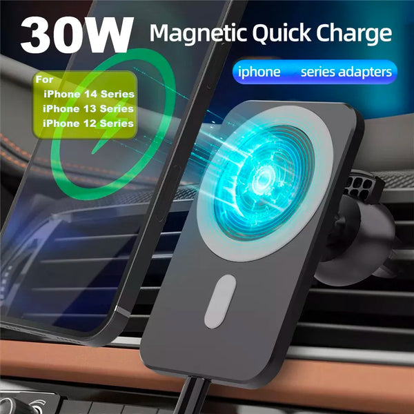 30W Wireless Car Charger - Magnetic Mount for iPhone 14, 13/12 Pro Max/Mini/11, Samsung - 360° Adjustable