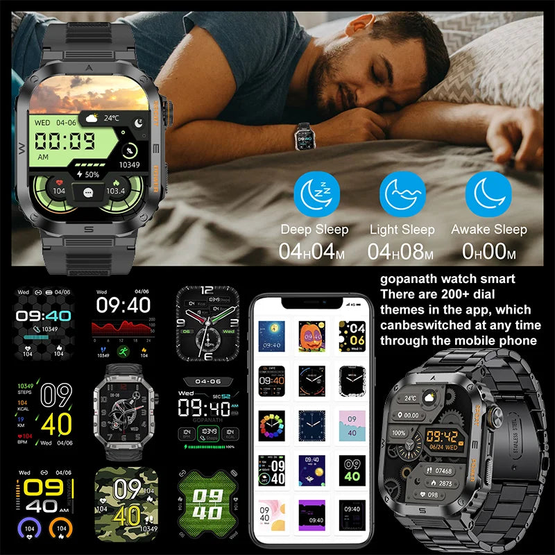 Rugged Military Smart Watch - Waterproof (IP6), 2.01'' HD Display, Bluetooth Voice, Android/iOS.