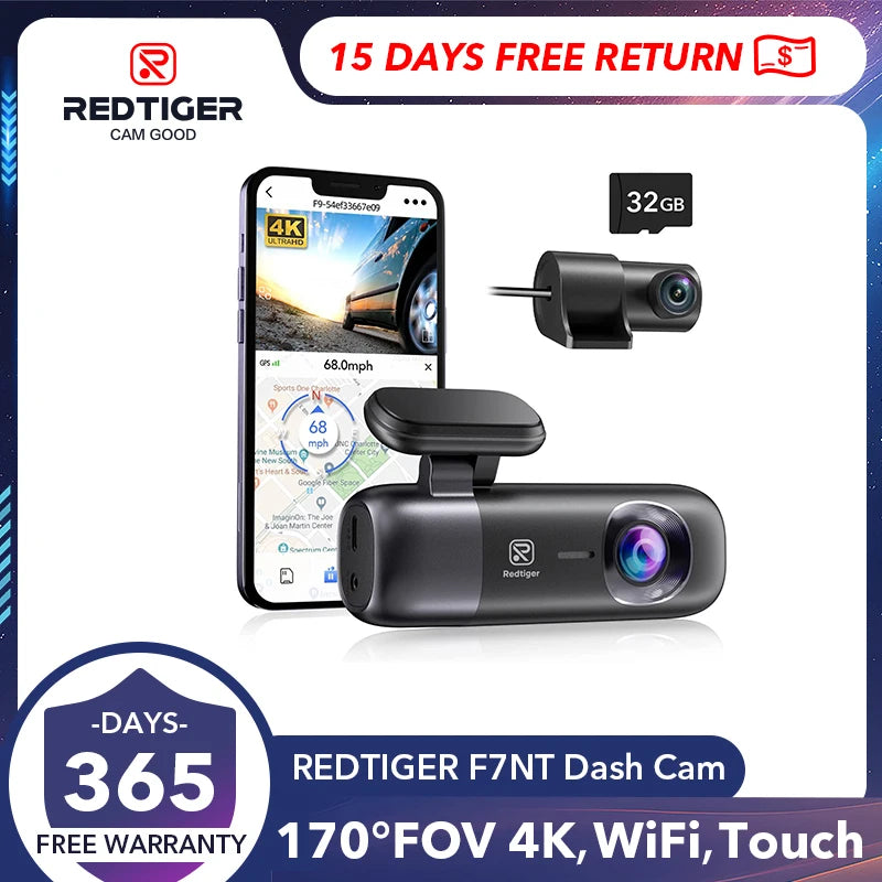 Redtiger 4K Dash Cam: Advanced Front and Rear WiFi GPS Car Camera
