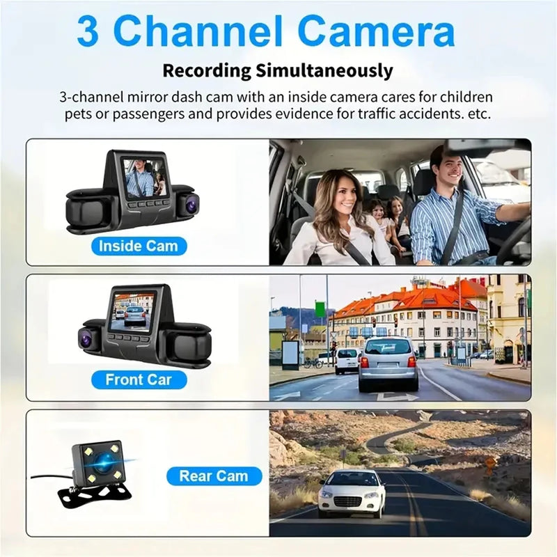 3-Lens Car DVR Dash Cam | 1080P Night Vision | G-Sensor & Loop Recording