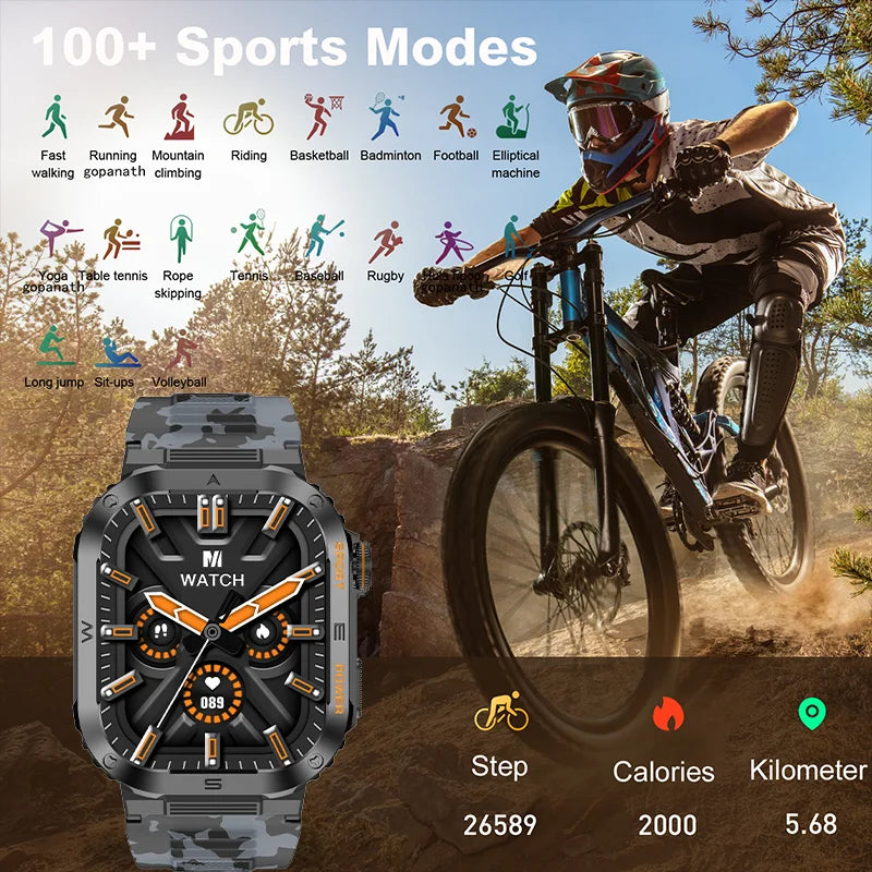 Rugged Military Smart Watch - Waterproof (IP6), 2.01'' HD Display, Bluetooth Voice, Android/iOS.