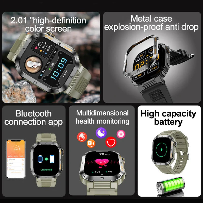 Rugged Military Smart Watch - Waterproof (IP6), 2.01'' HD Display, Bluetooth Voice, Android/iOS.