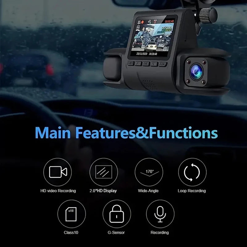 3-Lens Car DVR Dash Cam | 1080P Night Vision | G-Sensor & Loop Recording