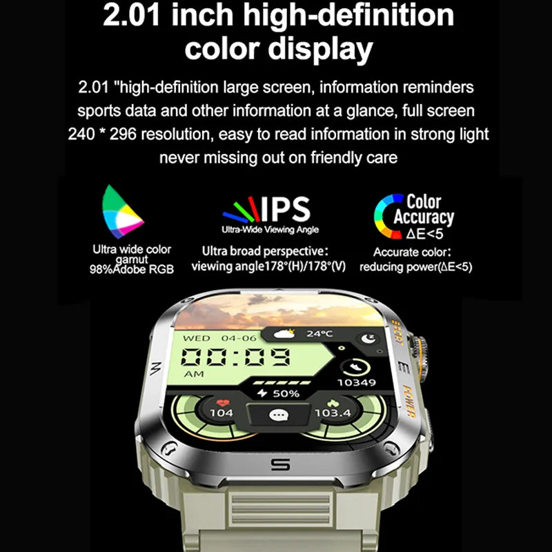 Rugged Military Smart Watch - Waterproof (IP6), 2.01'' HD Display, Bluetooth Voice, Android/iOS.