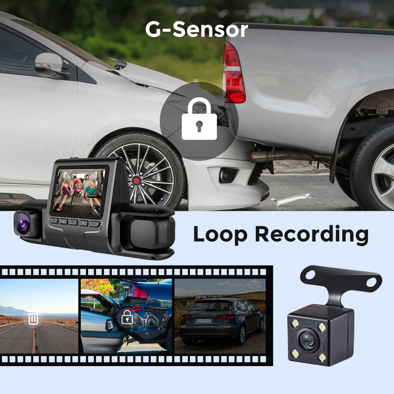 3-Lens Car DVR Dash Cam | 1080P Night Vision | G-Sensor & Loop Recording