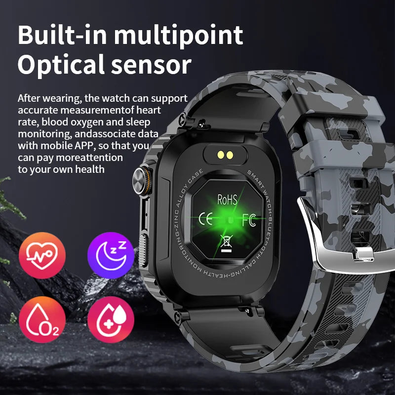 Rugged Military Smart Watch - Waterproof (IP6), 2.01'' HD Display, Bluetooth Voice, Android/iOS.